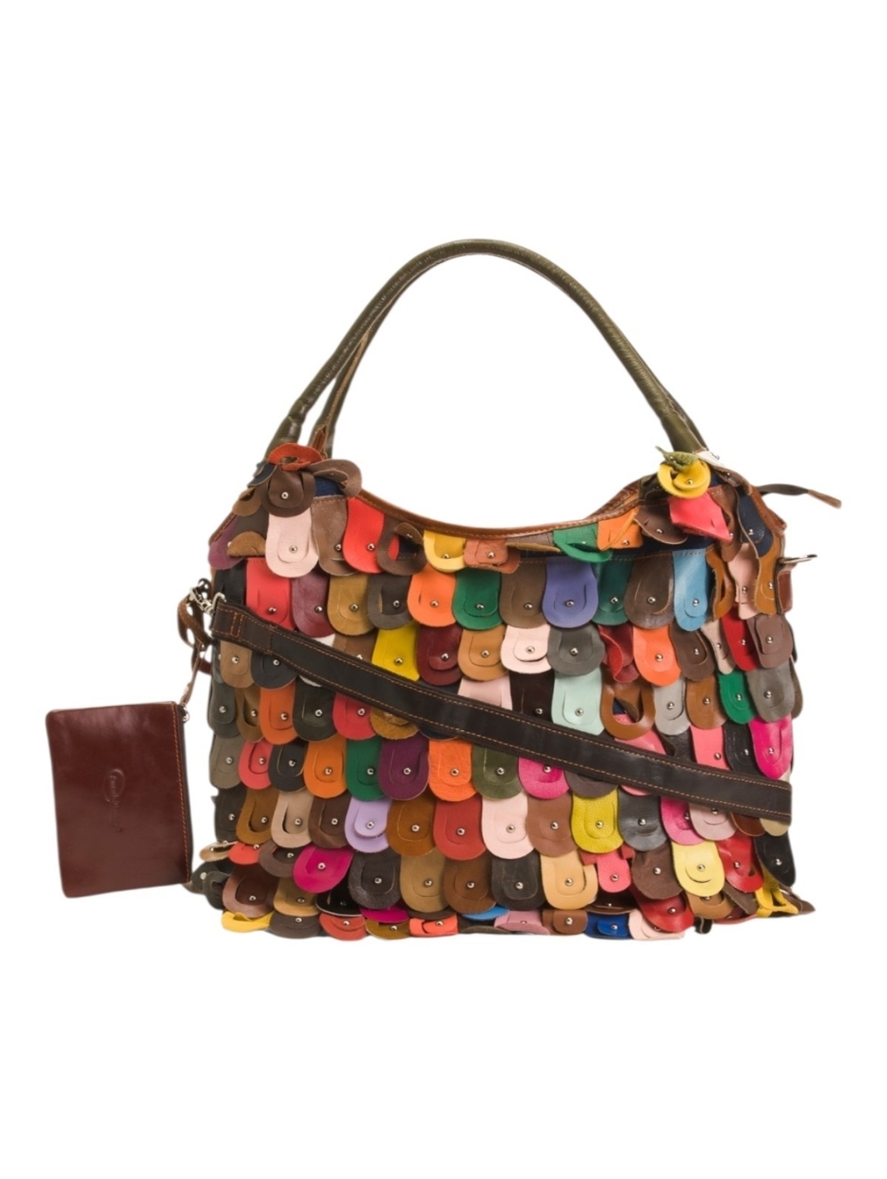 NWT Ameri Leather Rainbow Patchwork PEACOCK Satchel XLarge Lambskin Bucket Tote